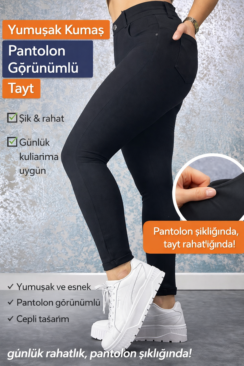 Pantolon Görünümlü Yumuşak Kumaş Günlük Tayt – Yüksek Bel, Cep Detaylı