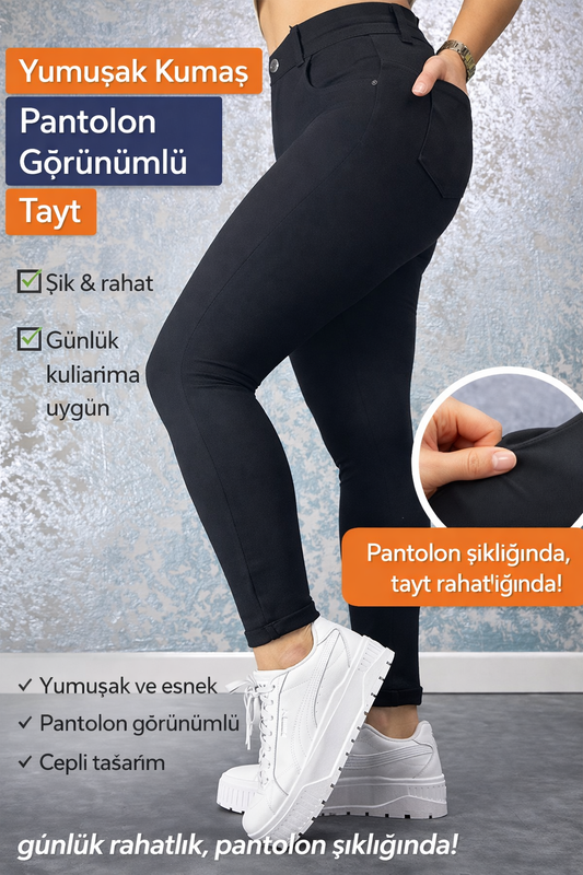 Pantolon Görünümlü Yumuşak Kumaş Günlük Tayt – Yüksek Bel, Cep Detaylı