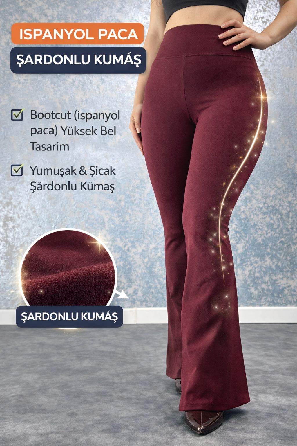 Yüksek Bel İspanyol Paça Şardonlu Kumaş Toparlayıcı Tayt (Kopya)